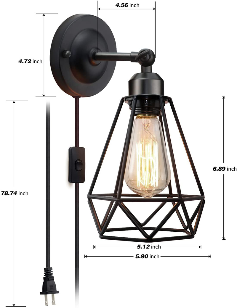 Plug in Wall Sconce, Wire Cage Wall Sconce, Industrial Wall Lamp with Plug in Cord, Rustic Wall Sconce Fixture, On/Off Switch Vintage Wall Light Fixture for Headboard Bedroom Porch-2 Pack