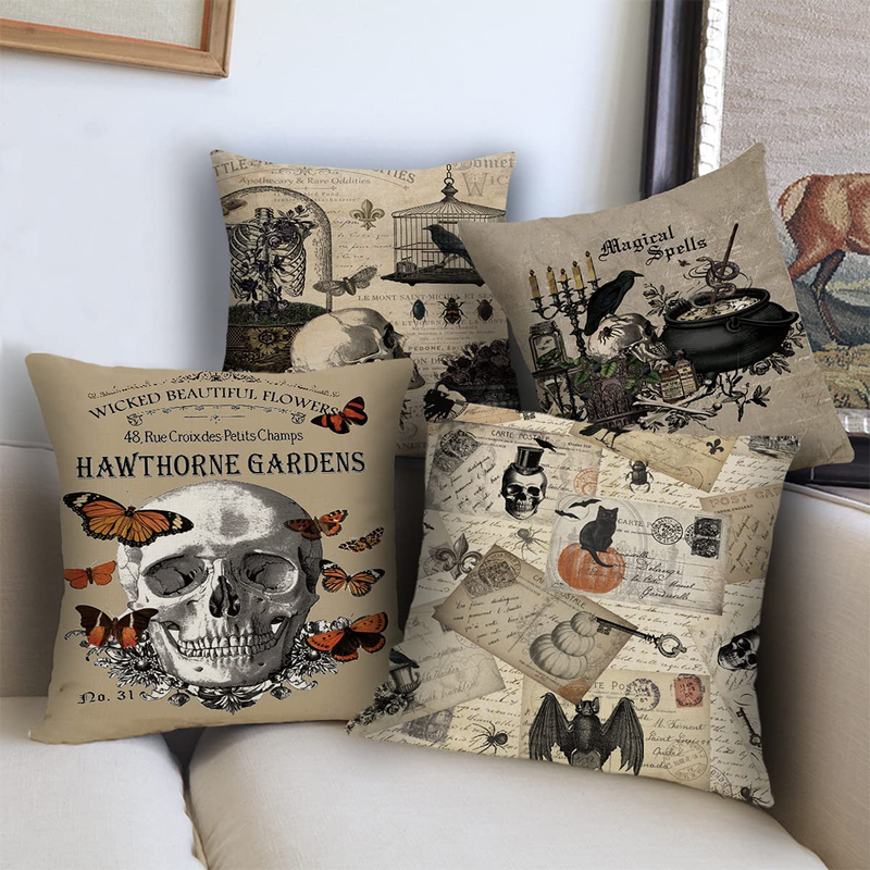 QIQIANY Set of 4 Vintage Halloween Throw Pillow Covers 18x18 Inch Square Linen Crow Pumpkin Skull and Owl Decoeative Vintage Halloween Autumn Farmhouse Home Decor for Sofa Bed Chair Living Room Arts & Entertainment > Party & Celebration > Party Supplies QIQIANY Color-4  