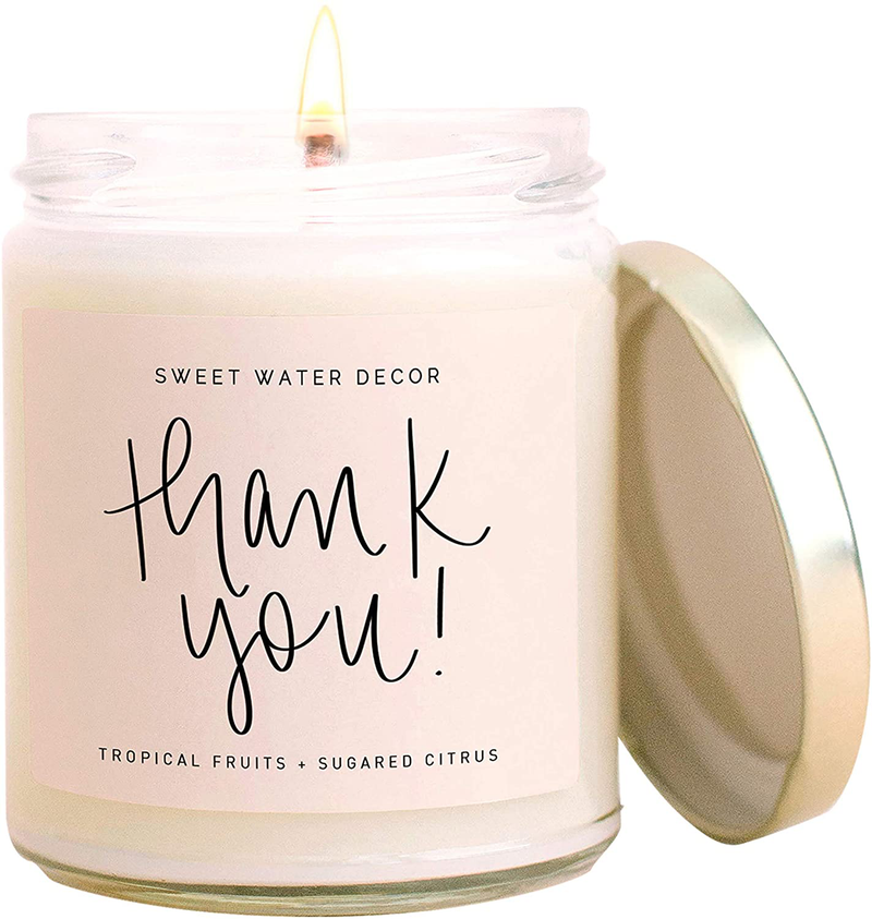 Sweet Water Decor Thank You Candle | Tropical Fruit and Sugared Orange, Summer Scented Soy Wax Candle for Home | 9oz Clear Glass Jar, 40 Hour Burn Time, Made in The USA Home & Garden > Decor > Home Fragrances > Candles Sweet Water Decor Thank you!  