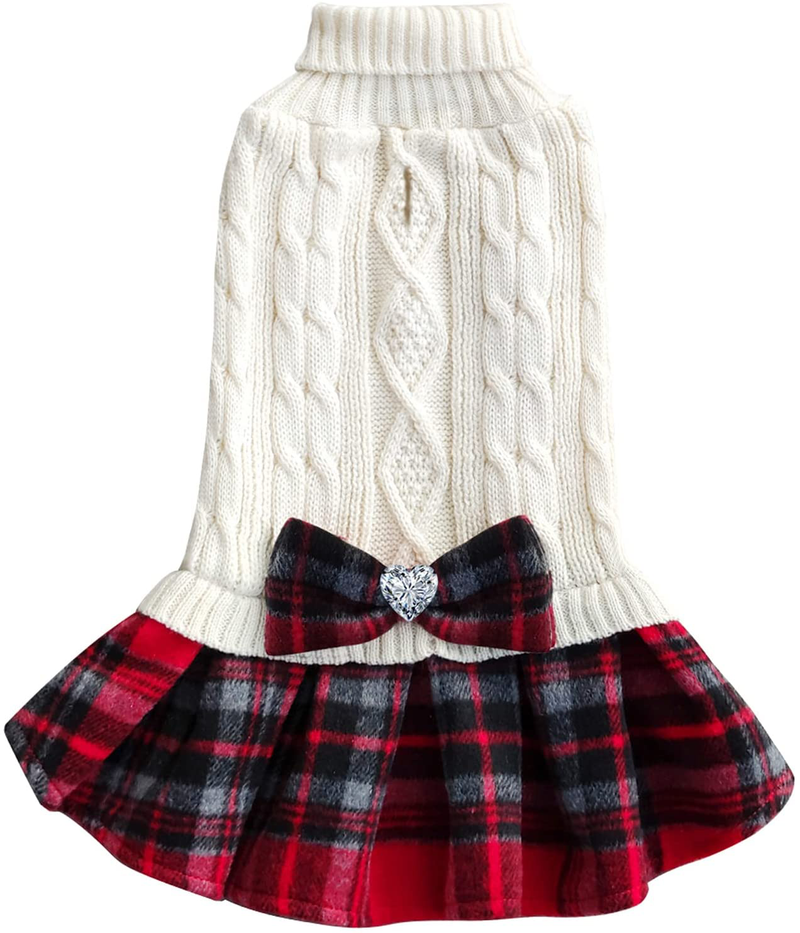 KYEESE Dog Sweater Dress with Leash Hole Plaid with Bowtie Turtleneck Dog Pullover Knitwear Pet Sweater Warm for Fall Winter Animals & Pet Supplies > Pet Supplies > Dog Supplies > Dog Apparel KYEESE Beige Small (Pack of 1) 