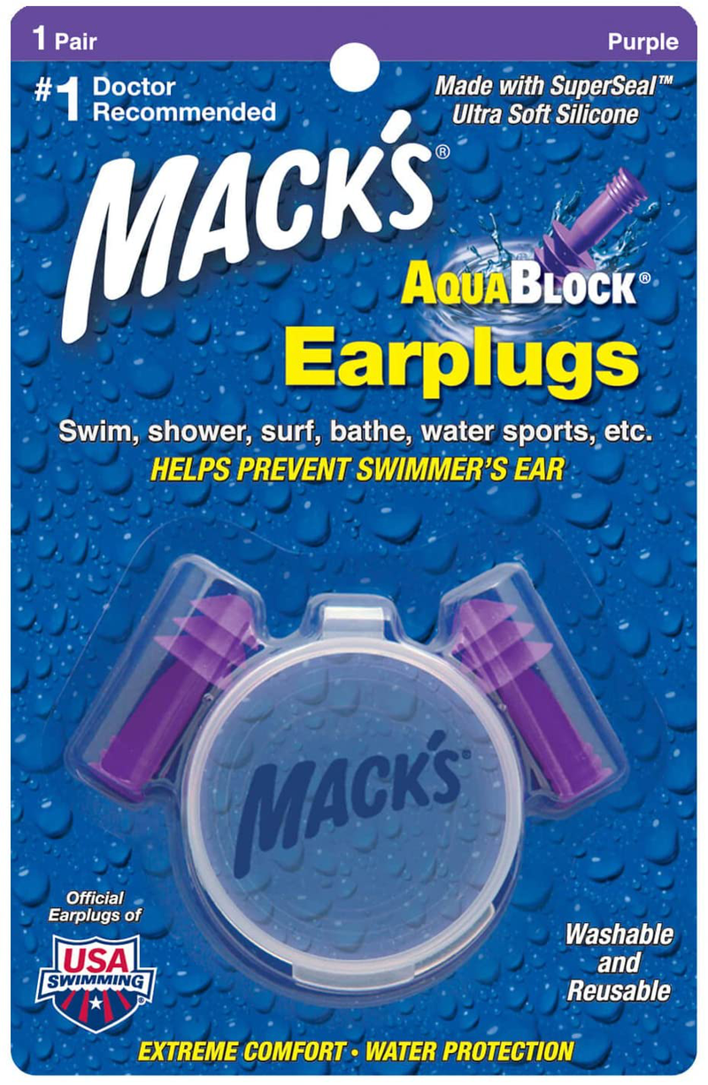 Mack's AquaBlock Swimming Earplugs - Comfortable, Waterproof, Reusable Silicone Ear Plugs for Swimming, Snorkeling, Showering, Surfing and Bathing Sporting Goods > Outdoor Recreation > Boating & Water Sports > Swimming McKeon Products, Inc. 1 Pair - Purple  