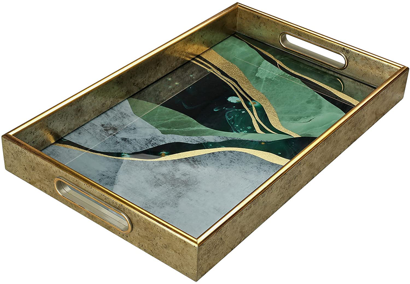 Serving Tray –Coffee Table Tray –Elegant Decorative Tray –PS and Printed Glass Table Tray –Practical and Sturdy Design–Easy to Clean and Washable–Ideal for Coffee,Breakfast,Dessert Home & Garden > Decor > Decorative Trays By gravitee Black Gold and Green 15.6 x 10 x 1.8 Inches 