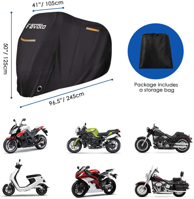 Favoto Motorcycle Cover All Season Universal Weather Premium Quality Waterproof Sun Outdoor Protection Durable Night Reflective with Lock-Holes & Storage Bag Fits up to 96.5” Motorcycles Vehicle Cover Vehicles & Parts > Vehicle Parts & Accessories > Vehicle Maintenance, Care & Decor > Vehicle Covers > Vehicle Storage Covers > Motorcycle Storage Covers ‎Favoto   