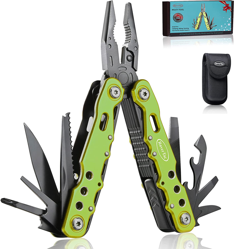 Rovertac Multitool Knife Pliers Christmas Gifts for Men Dad Husband 12 in 1 Multi Tool with Safety Lock Screwdrivers Saw Bottle Opener Durable Sheath Perfect for Camping Survival Hiking Simple Repairs Sporting Goods > Outdoor Recreation > Camping & Hiking > Camping Tools RoverTac Green  