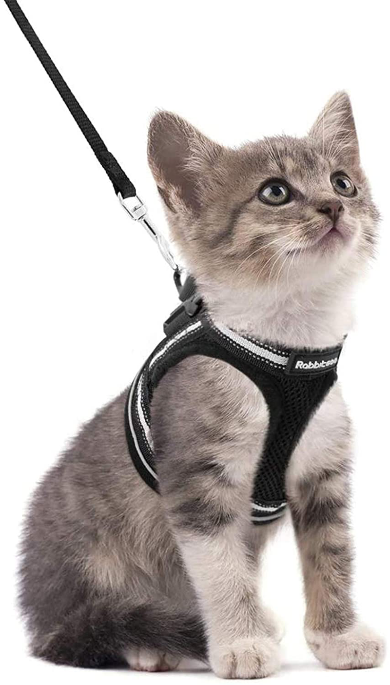 rabbitgoo Cat Harness and Leash Set for Walking Escape Proof, Adjustable Soft Kittens Vest with Reflective Strip for Cats, Comfortable Outdoor Vest, Black, S (Chest:9.0"-12.0")