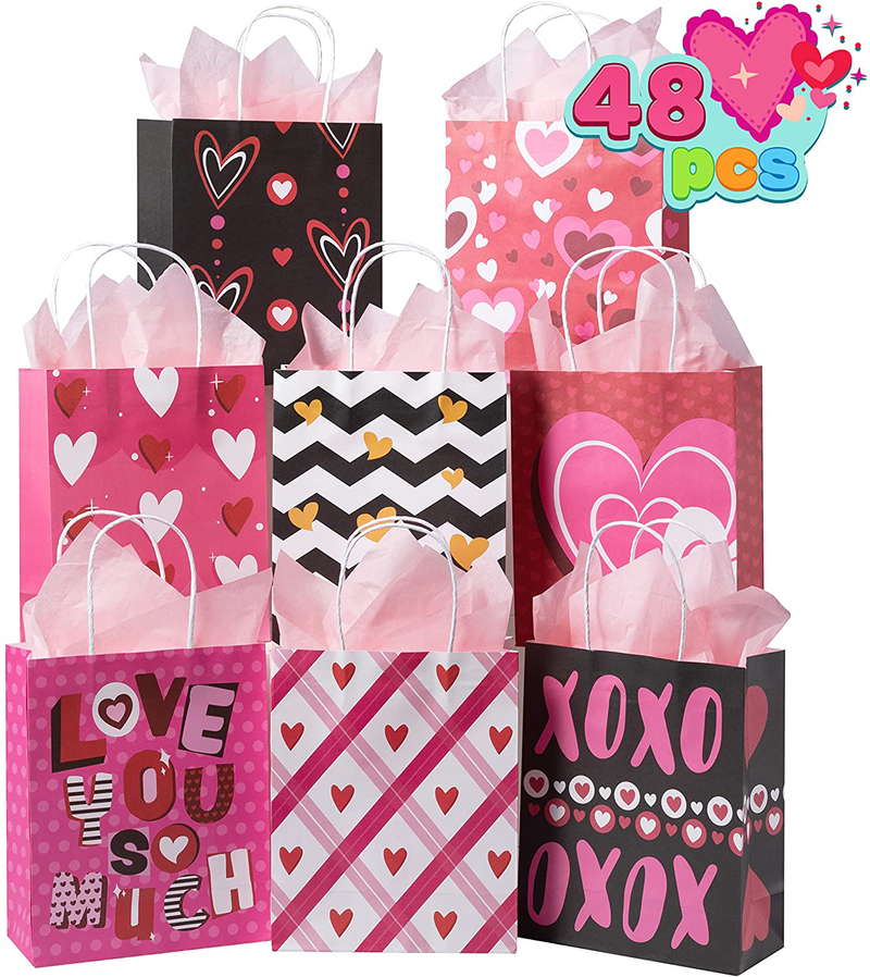 JOYIN 48 Pcs Valentine'S Day Red Pink Gift Bags with Handle, Paper Wrapping Kraft Bags for Funny Gifts Novelty Gifts Valentines Day Gift Giving