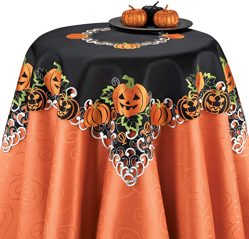 Collections Etc Halloween Pumpkins Table Runner/Topper Linens, Embroidered Festive Party Indoor Decorations, Square