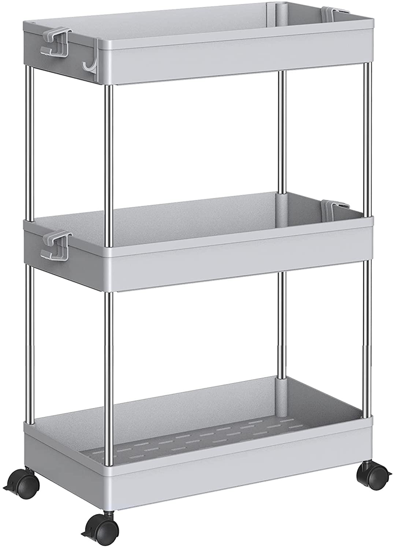 SPACEKEEPER Slim Storage Cart, 3 Tier Bathroom Organizers Rolling Utility Cart Slide Out Storage Shelves Mobile Shelving Unit Organizer for Office, Kitchen, Bedroom, Bathroom, Laundry Room, White Home & Garden > Kitchen & Dining > Food Storage SPACEKEEPER Grey  
