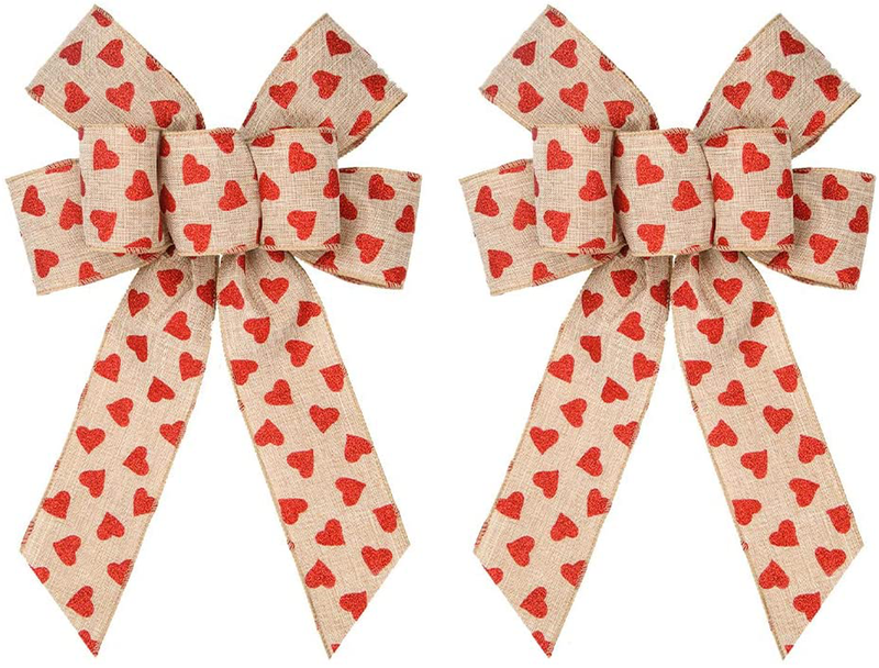 Threetols 2 Pack Valentine'S Day Wreath Bows, Black and White Buffalo Plaid Bows for Wreath Valentine Red Glitter Heart Decoration Bows for Indoor Outdoor Holiday Wedding Party Decoration