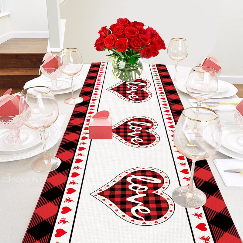 Red Table Runner Valentines Day Decor Vintage Heart Red and Black Buffalo Check Plaid Tablecloths Non-Slip Farmhouse Indoor Outdoor Love Theme Dinner Party Home Decor for Wedding Holiday, 13X72 Inch Home & Garden > Decor > Seasonal & Holiday Decorations IMDCASE   