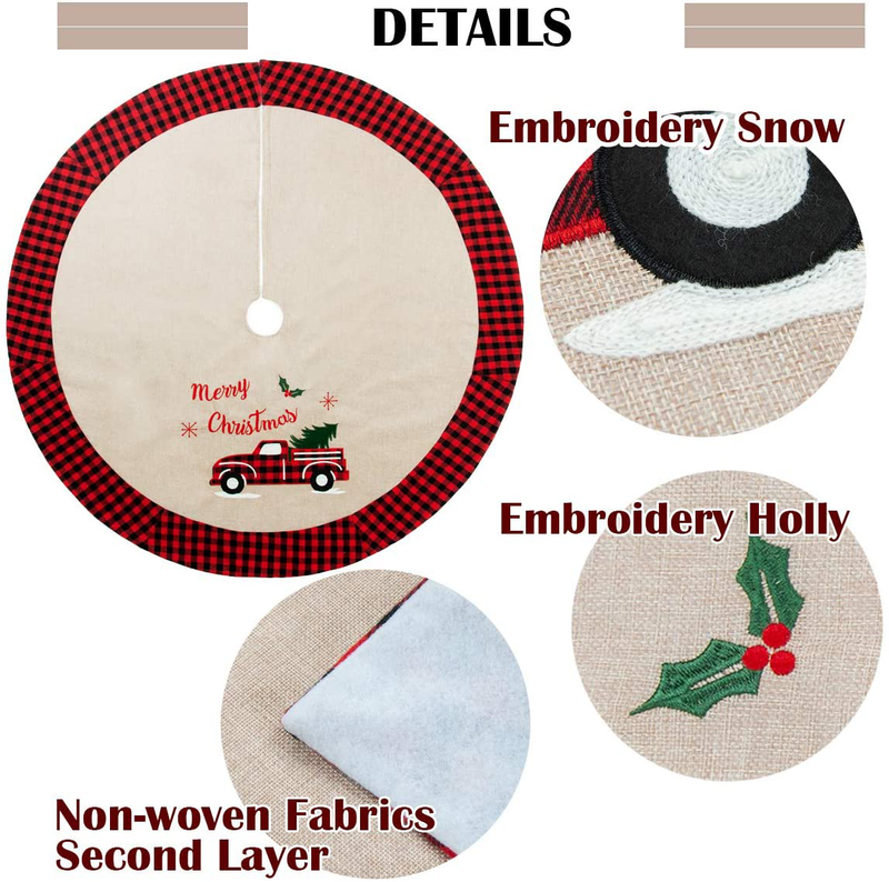 GMOEGEFT Christmas Tree Skirt Burlap with Buffalo Check Trim Rustic Truck and Tree Applique Xmas Home Decoration Ornaments (48 Inches) Home & Garden > Decor > Seasonal & Holiday Decorations& Garden > Decor > Seasonal & Holiday Decorations GMOEGEFT   