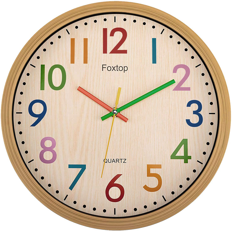 Foxtop Silent Kids Wall Clock 12 Inch Non-Ticking Battery Operated Colorful Decorative Clock for Children Nursery Room Bedroom School Classroom - Easy to Read (Colorful Numbers, 12 inch) Home & Garden > Decor > Clocks > Wall Clocks Foxtop 12 Inch Beige 12inch 