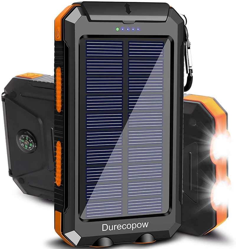Solar Charger, Durecopow 20000mAh Portable Outdoor Waterproof Solar Power Bank, Camping External Backup Battery Pack Dual 5V USB Ports Output, 2 Led Light Flashlight with Compass (Orange)  Durecopow 20000mAh-Orange  