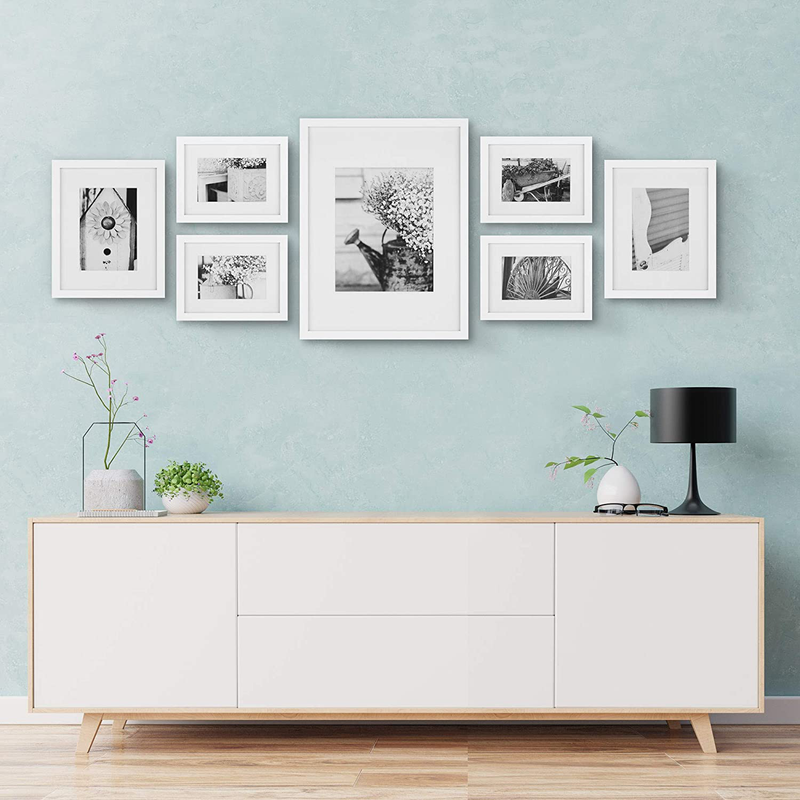 Gallery Perfect Photo Kit with Decorative Art Prints & Hanging Template Gallery Wall Frame Set, 7 Piece, White, 7 Piece