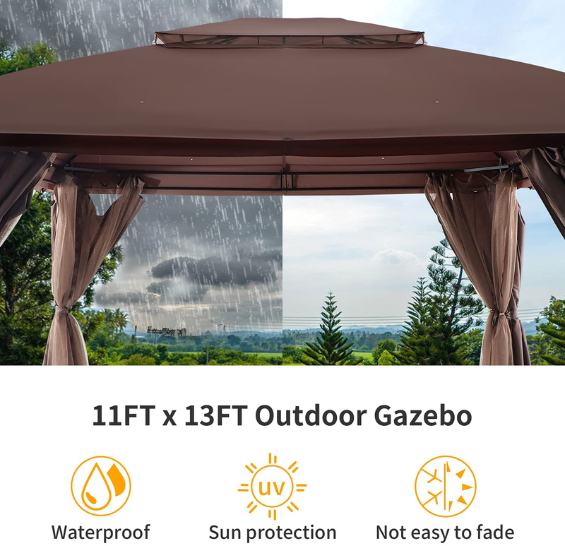 SUNSPEAR 11x13 Gazebo for Patios, Double Vent Outdoor Gazebo Canopy with Removable Privacy Curtain and Net, Patio Gazebo Tent with 140 Square Feet of Shade, Gazebo for Deck, Lawn and Garden (Brown) Home & Garden > Lawn & Garden > Outdoor Living > Outdoor Structures > Canopies & Gazebos SUNSPEAR   