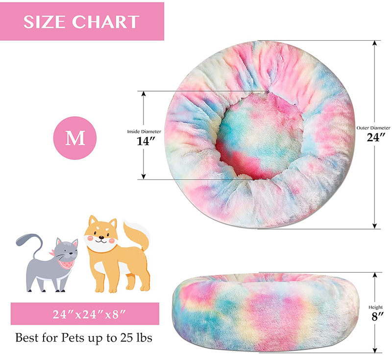 Tantivybo Donut Dog Bed & Cat Bed, Soft Faux Fur Plush Anti-Anxiety Pet Calming Bed, Washable Dog Cuddler Bed for Small Dogs Cats up to 25 Pounds ( 24'' X 24', Rainbow ) Animals & Pet Supplies > Pet Supplies > Dog Supplies > Dog Beds TantivyBo   