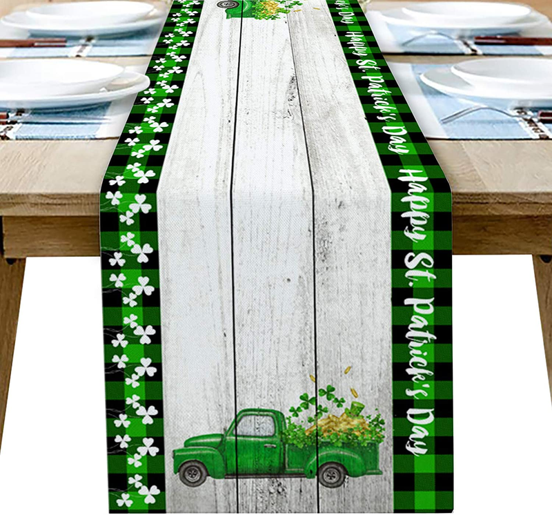 Linen Burlap Table Runner, St. Patrick'S Day Vintage Lucky Clover Shamrocks Leave Dresser Scarve, Non-Slip Farmhouse Table Runners for Wedding, Holiday Parties, Kitchen, Dining Room Decoration 13"X70" Arts & Entertainment > Party & Celebration > Party Supplies IDOWMAT   