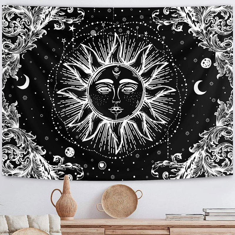 Funeon Black and White Sun Tapestry for Bedroom Bohemian Mandala Tapestry Wall Hanging Moon Stars Tapistry Dorm Decoration for College Girls | Cute Dark Tapistry Psychedelic Wall Decor 51x60 inches
