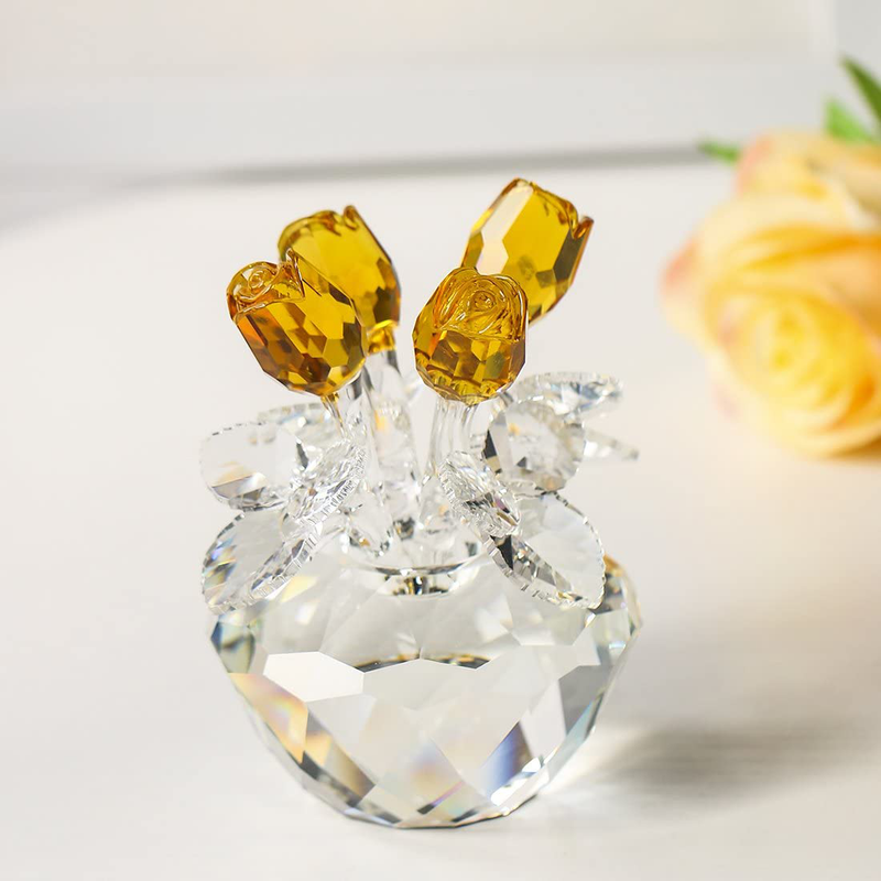 H&D Spring Bouquet Crystal Glass Flowers Yellow Rose Figurine Ornament Gift-Boxed