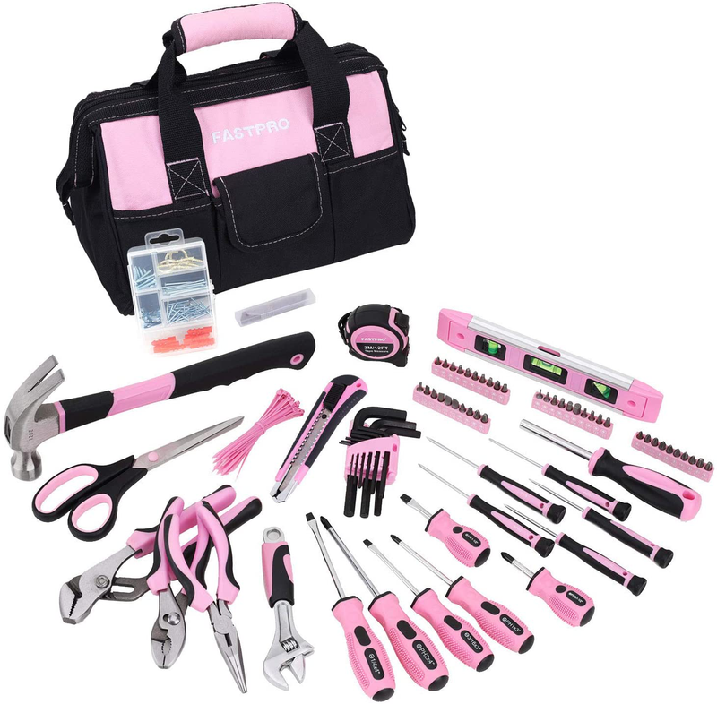FASTPRO Pink Tool Set, 220-Piece Lady's Home Repairing Tool Kit with 12-Inch Wide Mouth Open Storage Tool Bag Hardware > Tools > Tool Sets FASTPRO Pink  