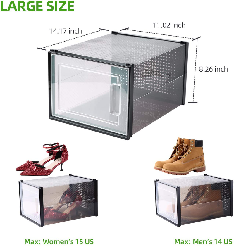 Shoe Organizer, Ohuhu Ultra Large Shoe Storage, Heavy Duty 6 Pack Shoe Boxes Clear Plastic Stackable, Shoe Containers Foldable Drawer Type Front Opening for Closet and Entryway Fit up to US Size 14