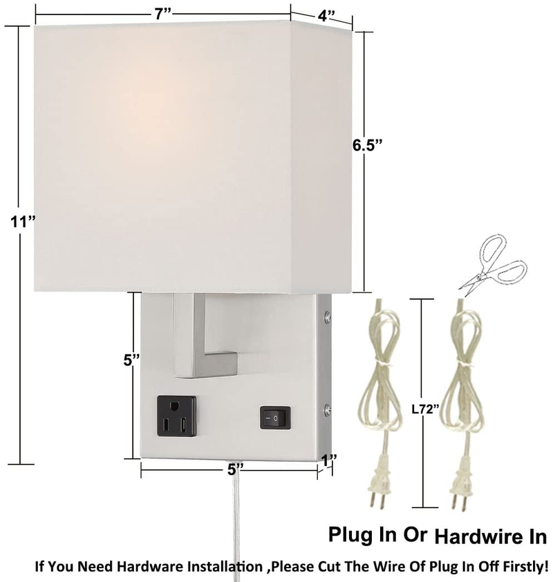 Homefocus Bedside Wall Lamp Light with Outlet,Living Room Wall Lamp Light,Wall Sconces, Metal Satin Nickel, White Fabric Shade,Top Quality for Home and Hotel. Home & Garden > Lighting > Lighting Fixtures > Wall Light Fixtures KOL DEALS   