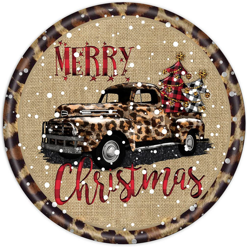 Round Metal Tin Sign Rustic Wall Decor Wall Plaque Christmas Wreath Sign Leopard Truck Christmas Wreath Center,Door Hanging Wall Decoration Bar Home round 12X12 Inches Home & Garden > Decor > Seasonal & Holiday Decorations XdTinSg A092 12X12IN 
