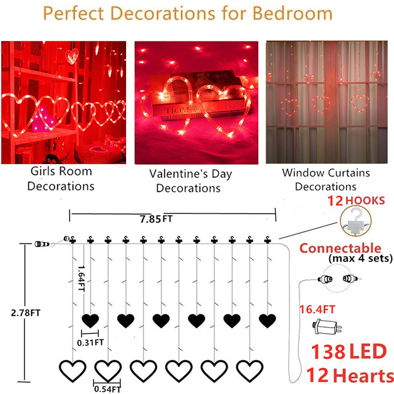 Efunly Valentines Day Decor Lights,138 LED 12-Heart-Shaped String Lights Waterproof,8 Modes Connetable 29V Plug in Curtain Lights for Kids Bedroom Wedding Party Valentines Day Decoration(Red) Home & Garden > Decor > Seasonal & Holiday Decorations Efunly   