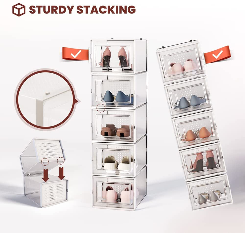 Crestlive Products 24 Pack Shoe Storage Box, Plastic Foldable Shoe Box, Stackable Clear Shoe Organizer (X-Large/ White)