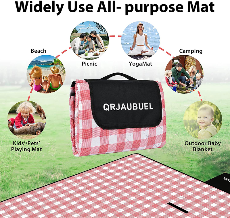 Picnic Blankets Oversized, 80''x80'' Extra Large Outdoor Beach Blanket Picnic Mat Waterproof Foldable Machine Washable, Sandproof Plaid Picknick Blanket for Camping, Park, Hiking, Red and White Home & Garden > Lawn & Garden > Outdoor Living > Outdoor Blankets > Picnic Blankets QRJAUBUEL   