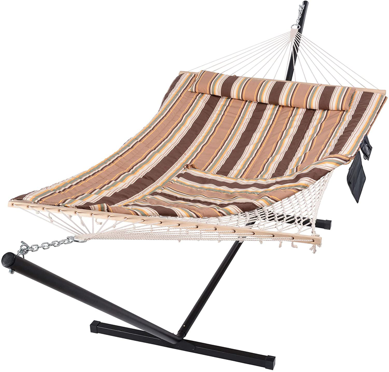 SUNCREAT Outdoor Double Hammock with Stand, Two Person Cotton Rope Hammock with Polyester Pad, Circle Pattern Home & Garden > Lawn & Garden > Outdoor Living > Hammocks SUNCREAT Brown Stripe  
