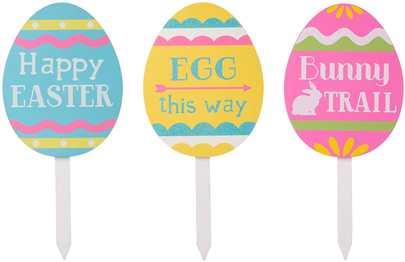 Glitzhome Set of 3 Wooden Happy Easter Egg Yard Sign with Stakes Outdoor Lawn Decorations, Multi-Color