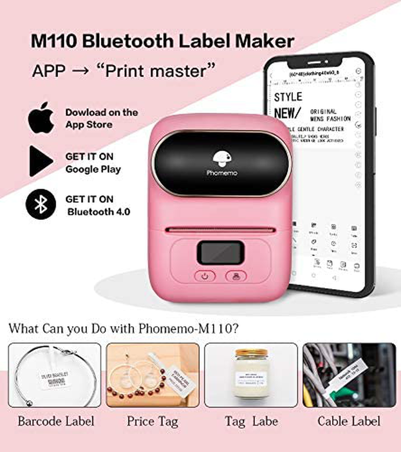 Phomemo-M110 Label Printer- Portable Mini Bluetooth Thermal Label Maker Apply to Labeling, Office, Cable, Retail, Barcode and More, Compatible with Android & iOS System, with 1 40×30mm Label, Pink Electronics > Print, Copy, Scan & Fax > Printer, Copier & Fax Machine Accessories Phomemo   