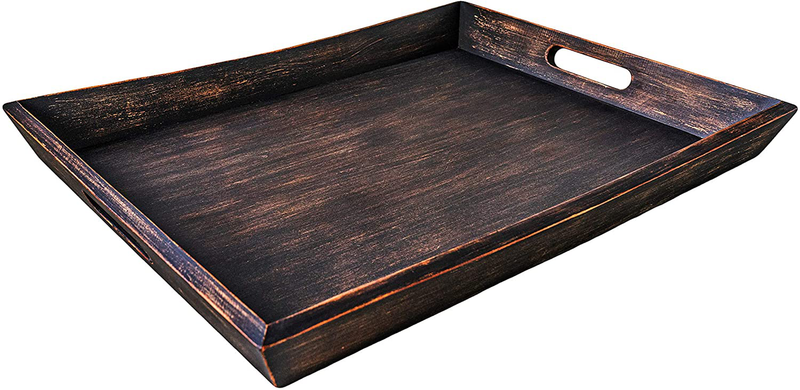 EZDC Wooden Tray, Coffee Table Tray, Ottoman Tray Dark Brown 16 x 12” Modern Aesthetic Decorative Serving Tray with Handles for Drinks and Food