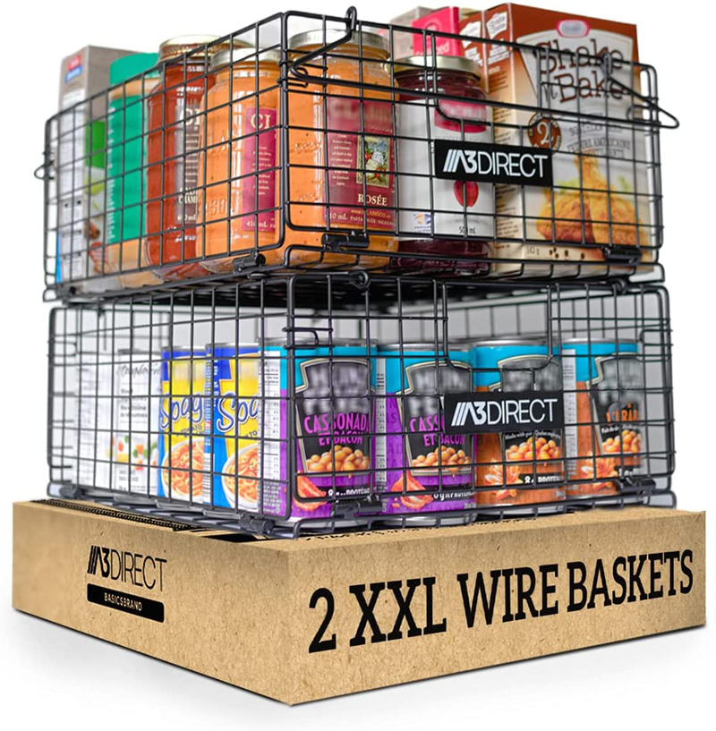 Stackable Wire Baskets for Pantry Organization and Storage - Set of 2 XXL Foldable Pantry Organizer Bins for Kitchen Organization - Metal Pantry Baskets for Food Storage, Snacks, & Fruit Basket