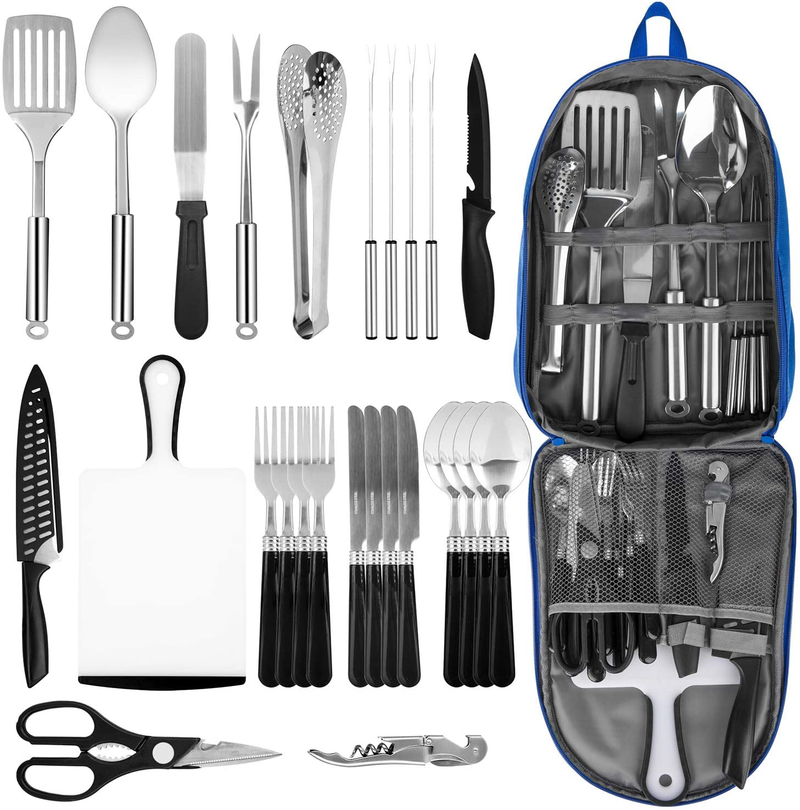 Portable Camping Kitchen Utensil Set, Stainless Steel Outdoor Cooking and Grilling Utensil Organizer Travel Set Perfect for Travel, Picnics, Rvs, Camping, Bbqs, Parties and More (9Pcs or 27Pcs)