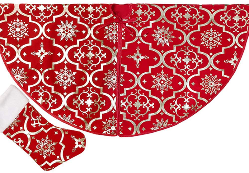 Snowflake Christmas Tree Skirt - 48 inch Luxury Red/Gold Gilded Large Xmas Tree Skirts with Merry Christmas Stocking for Happy New Year Party Holiday Decorations Ornaments (red) Home & Garden > Decor > Seasonal & Holiday Decorations > Christmas Tree Skirts Leap KOI   