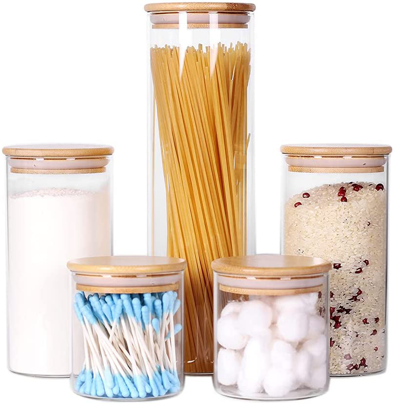 Stackable Kitchen Canisters Set, Pack of 5 Clear Glass Food Storage Jars Containers with Airtight Bamboo Lid for Candy, Cookie, Rice, Sugar, Flour, Pasta, Nuts Home & Garden > Kitchen & Dining > Food Storage LEAVES AND TREES Y 3.3 Inch Wide  
