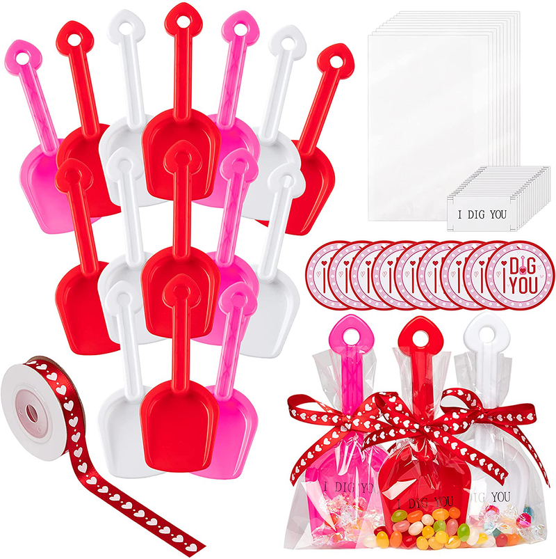 Haooryx 73Pcs Valentine'S Day Shovels Toy Gift Set, Plastic Shovel Toy White Red Pink Mini Sand Scoop Shovel Toy Valentines Gift, 18 Set Shovels I Dig You Stickers Labels Clear Bags and 1 Heart Ribbon