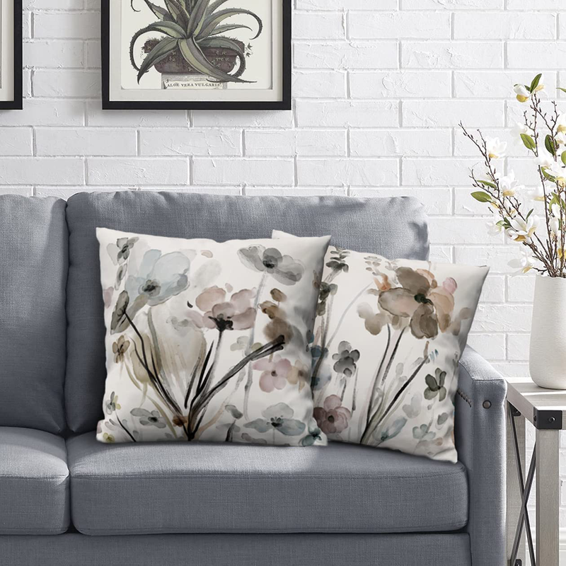 Flower Throw Pillow Covers 16x16 Set of 2, Flowers Pillow Cushion Cases, Modern Decorative Square Pillowcovers for Sofa Couch Bedroom Living Room Car Seat