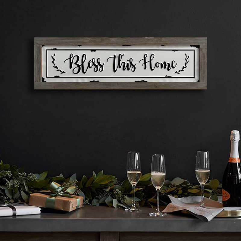 PrideCreation Bless This Home Wall Signs, 36x11 inch Rustic Enamel Wood Framed Metal Wall Hanging Decor Art, Inset Embossed Farmhouse Vintage Decorative Gift for Living Dining Room Bedroom Kitchen Home & Garden > Decor > Artwork > Sculptures & Statues PrideCreation   