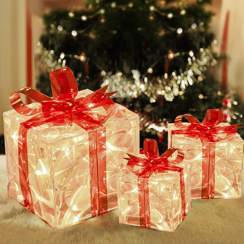 FUNPENY Set of 3 Christmas 60 LED Lighted Gift Boxes, Transparent Warm White Lighted Christmas Box Decrations, Presents Boxs with Red Bows for Christams Tree, Yard, Home, Christams Decorations Home & Garden > Decor > Seasonal & Holiday Decorations& Garden > Decor > Seasonal & Holiday Decorations FUNPENY   