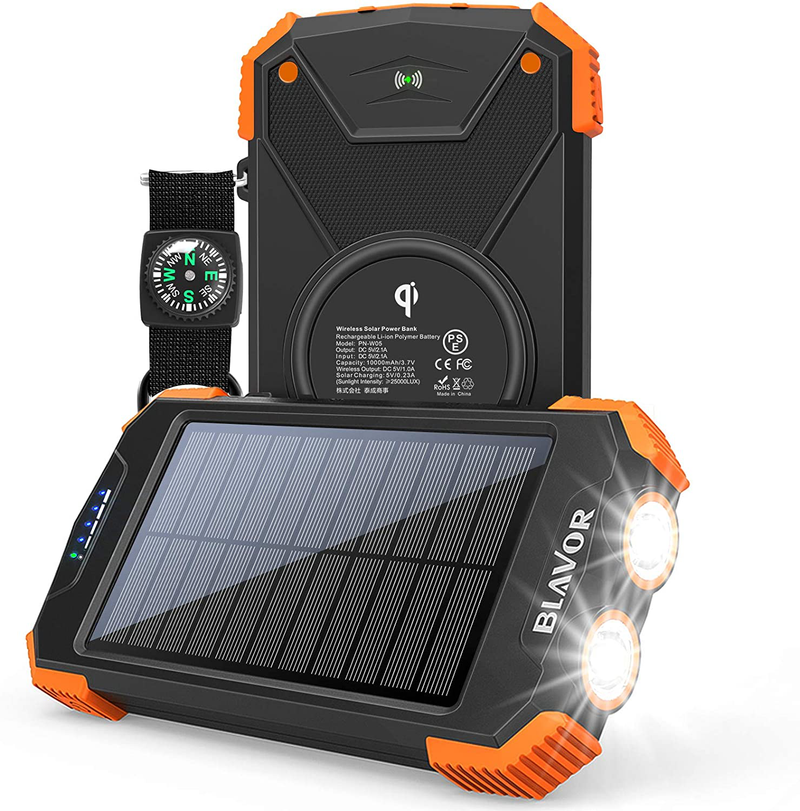 Solar Power Bank, Qi Portable Charger 10,000Mah External Battery Pack Type C Input Port Dual Flashlight, Compass, Solar Panel Charging (Orange) Sporting Goods > Outdoor Recreation > Camping & Hiking > Camping Tools BLAVOR Black and Orange  