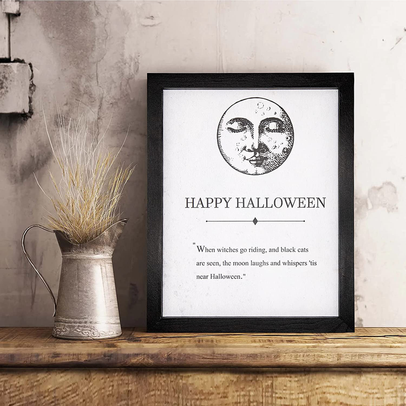 Happy Halloween Farmhouse Wall Sign | Black Wooden Frame 14''x11'' with Terrifying Moon Print | Vintage Halloween Decorations Indoor | Halloween Decor for Home Arts & Entertainment > Party & Celebration > Party Supplies Dazonge Moon Print  