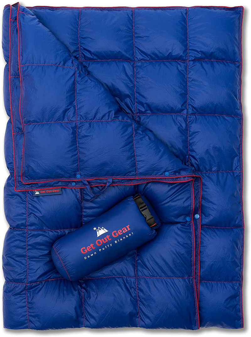 Get Out Gear Down Camping Blanket - Puffy, Packable, Lightweight and Warm | Ideal for Outdoors, Travel, Stadium, Festivals, Beach, Hammock | 650 Fill Power Water-Resistant Backpacking Quilt Home & Garden > Lawn & Garden > Outdoor Living > Outdoor Blankets > Picnic Blankets Get Out Gear Blue/Red  