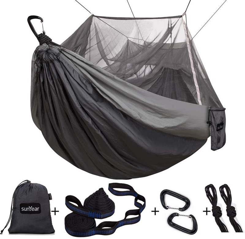 Sunyear Single & Double Camping Hammock with Net, Portable Outdoor Tree Hammock 2 Person Hammock for Camping Backpacking Survival Travel, 10ft Hammock Tree Straps and 2 Carabiners, Easy to Setup Home & Garden > Lawn & Garden > Outdoor Living > Hammocks Sunyear Grey/Dark Grey 78"W*118"L 