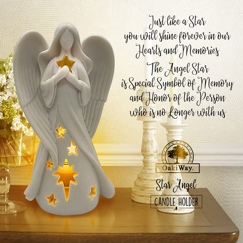 OakiWay Memorial Gifts - Star Angel Figurines Tealight Candle Holder, Sympathy Gifts for Loss of Loved One, W/ Flickering Led Candle, Bereavement, Grief, Funeral, Remembrance, Memory Home Decorations Home & Garden > Decor > Home Fragrance Accessories > Candle Holders OakiWay   