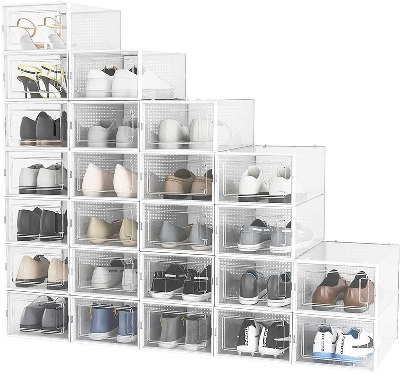 Pellebant Stackable Shoe Storage Boxes, Foldable Plastic Shoe Organizer for Closets, Entryway Shoe Rack, Clothing Rack, Bed, Easy Assembly (24, Medium) Furniture > Cabinets & Storage > Armoires & Wardrobes Pellebant   