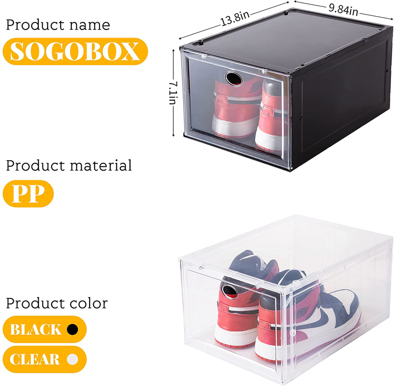 SOGOBOX Drop Front Shoe Box,Set of 6,Shoe Box Clear Plastic Stackable,Shoe Containers with Lids,Shoe Storage Box and Shoe Organizer for Display Sneakers,Fit up to US Size 12(13.8”X 9.84”X 7.1”) Black Furniture > Cabinets & Storage > Armoires & Wardrobes SOGOBOX   