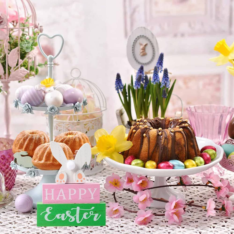 DECSPAS Easter Decorations for the Home, 3-Layered Farmhouse Easter Bunny Ornaments Decor, Pink Green Wooden Blocks Easter Dining Table Decor, "HAPPY" "Easter" Sign Rustic Easter Home Decor for Fireplace, Living Room